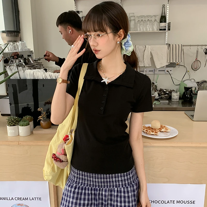 韩系小众翻领短袖t恤女夏季新款高级感正肩polo衫开叉短款上衣女