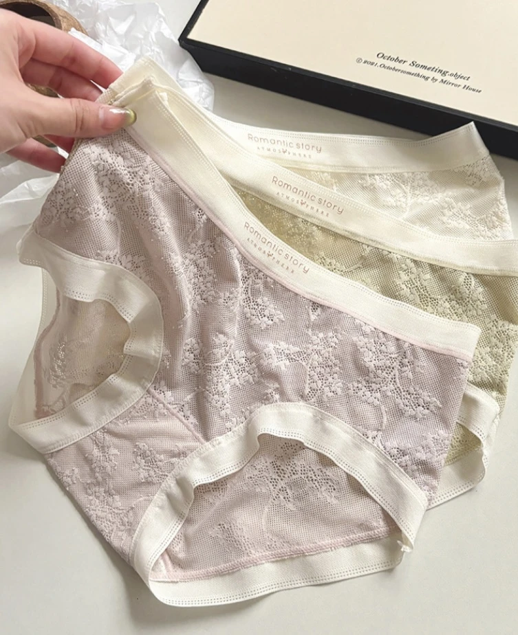 中式纯欲蕾丝女士三角裤中腰高弹字母腰头网纱透明舒适性感内裤