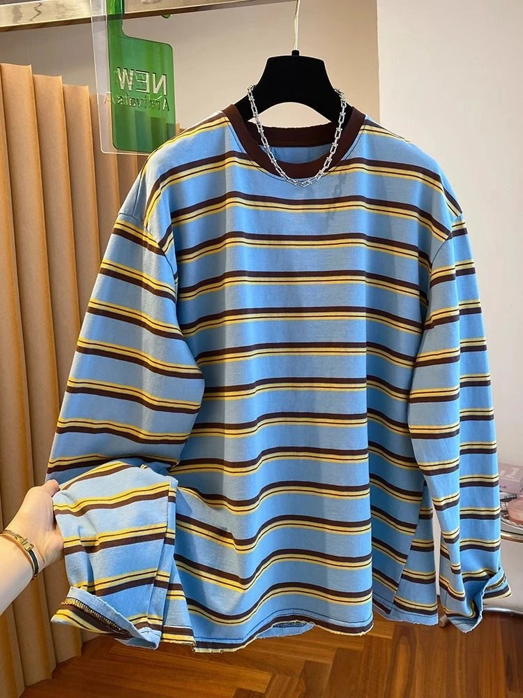 胖妹妹300斤大码超好看流行慵懒风条纹长袖上衣女春秋宽松百搭T恤