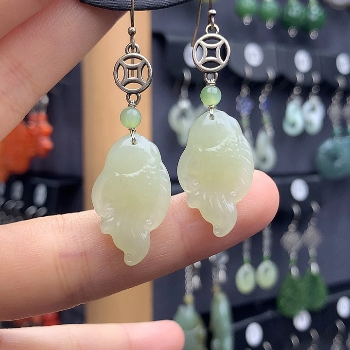 和田玉耳饰银S925镶嵌柠***好