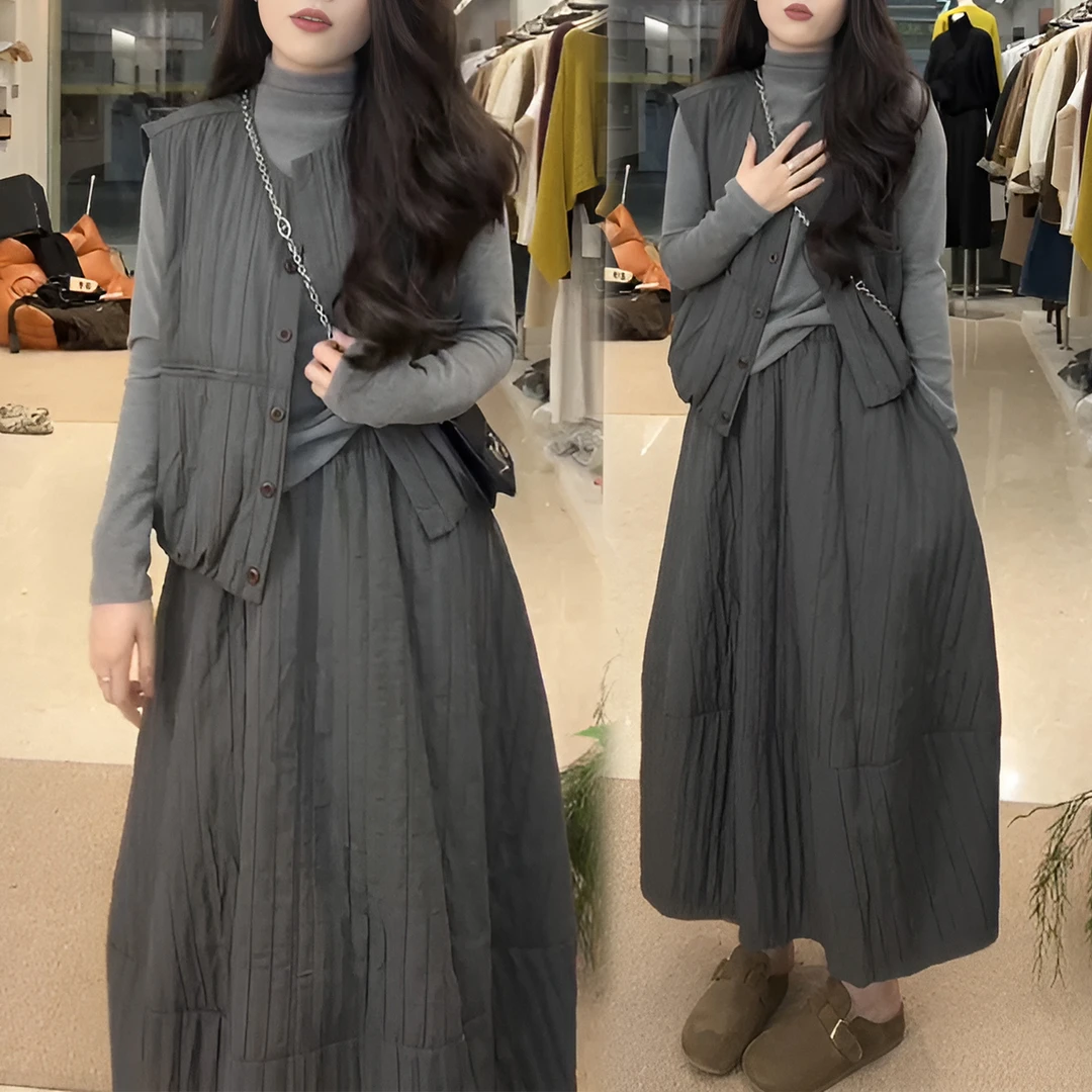 小众设计感纹理套装2025冬季无袖马甲背心半身裙+打底衫三件套女