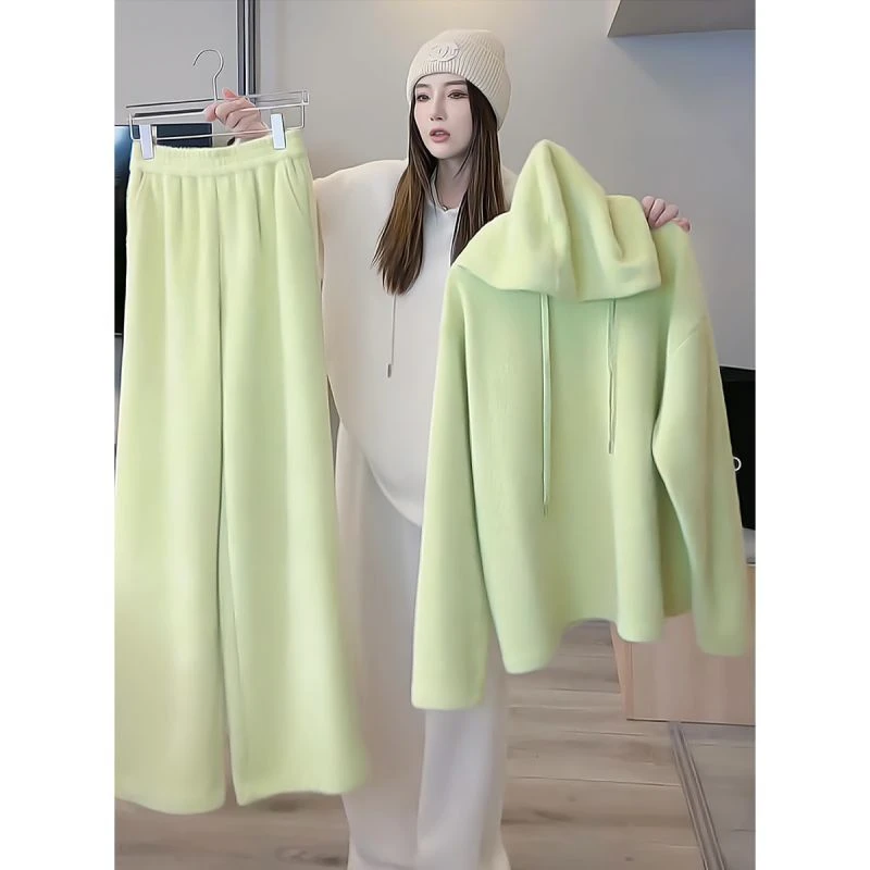 特大码胖mm300斤时尚套装女宽松连帽卫衣休闲阔腿拖地裤两件套ins