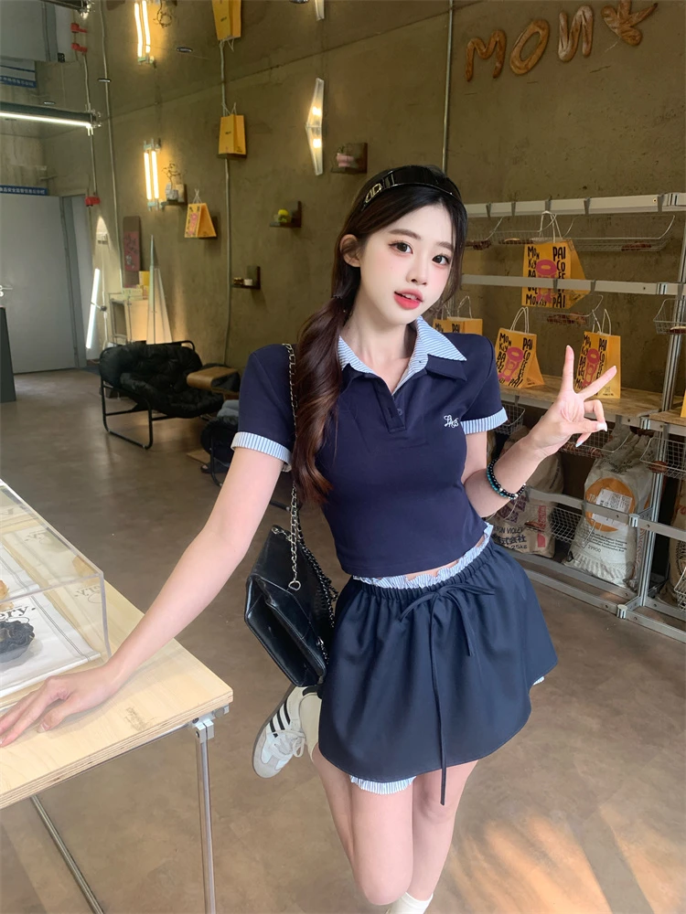 夏季新款 纯欲风美式学院气质减龄polo衫+休闲甜美撞色短裙两件套