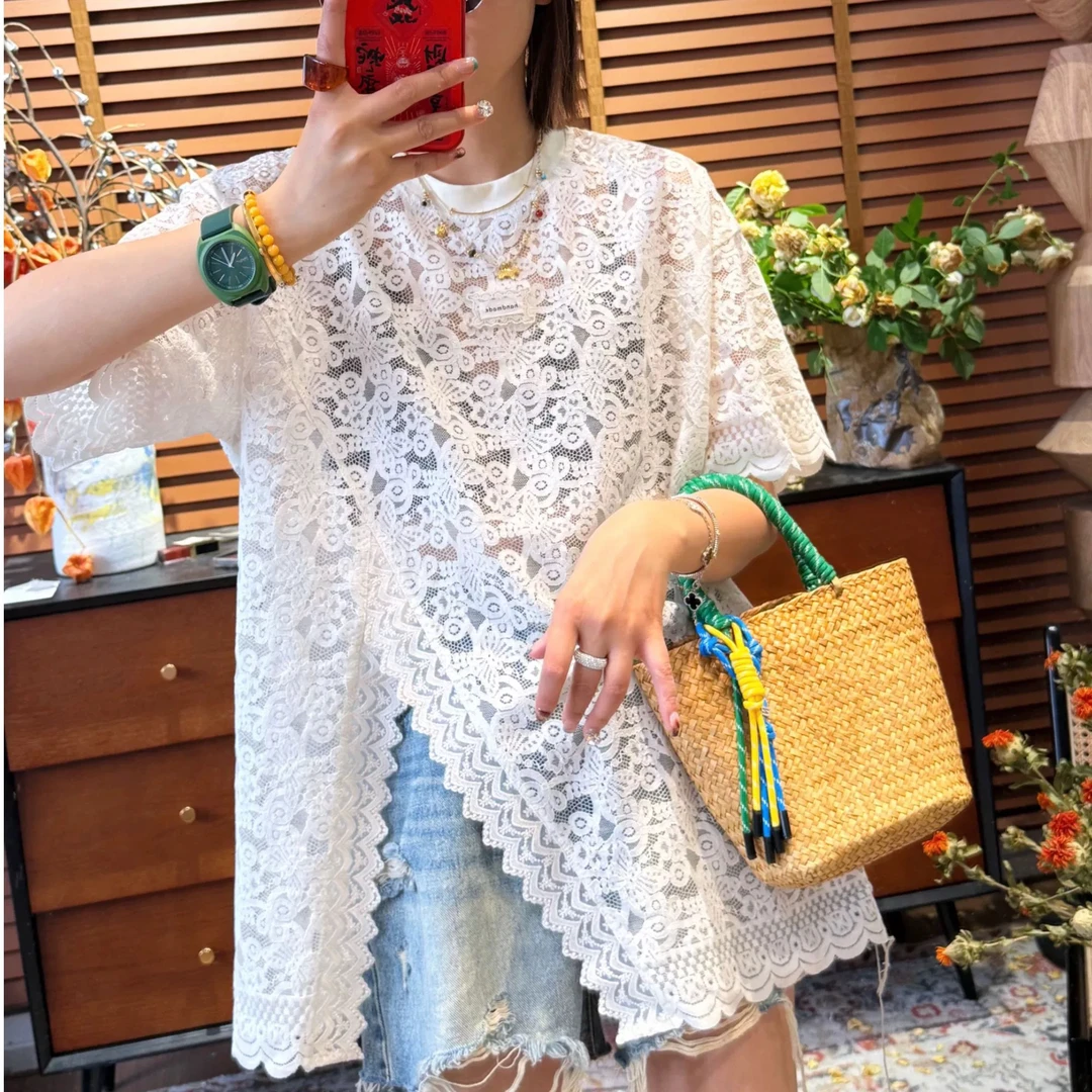 十三行水溶蕾丝提花镂空短袖开叉上衣设计感蕾丝衫4140