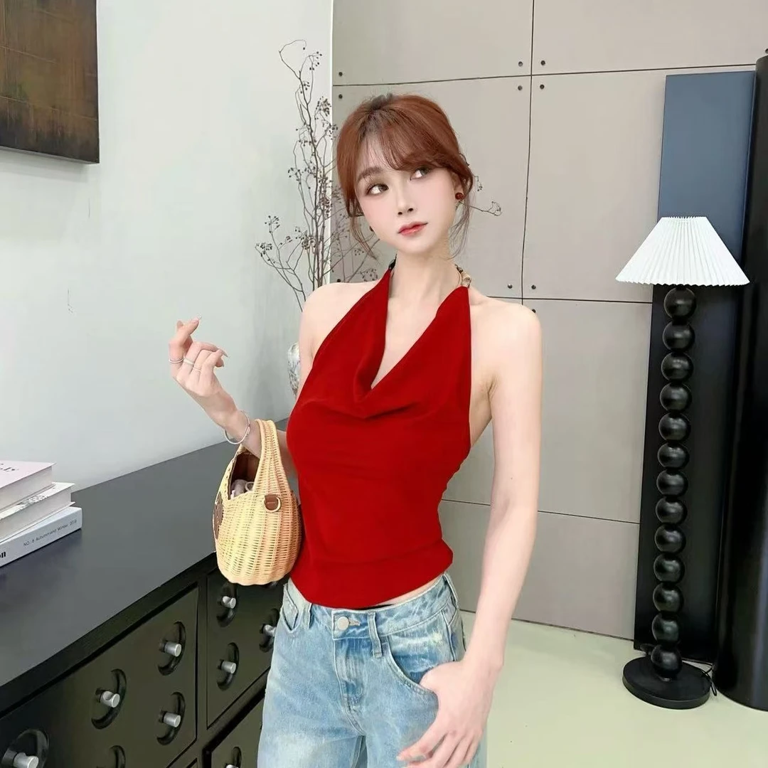 【浮云织梦】荡领挂脖上衣女夏露背设计感小众气质背心