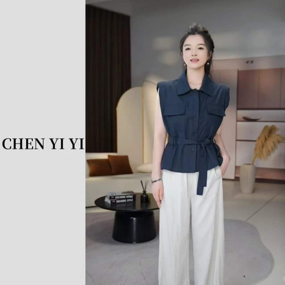 法式气质Polo领无袖衬衫女2025新款夏季高级感收腰系带设计感上衣