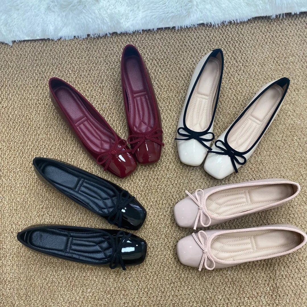 纯色浅口单鞋中跟方头大码平底鞋韩版豆豆鞋蝴蝶结