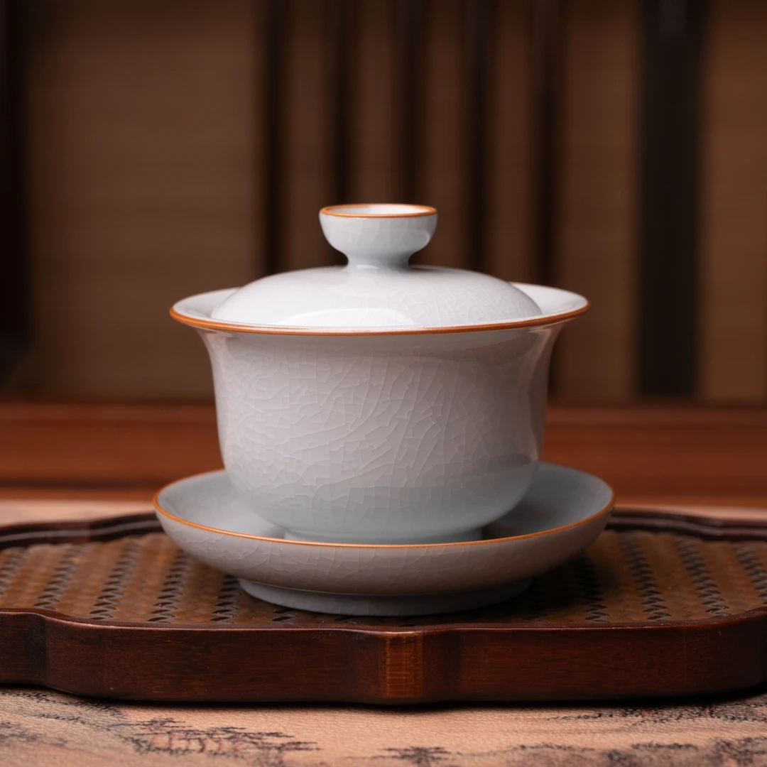 赵运圈月白元宝盖碗155ml 手工支钉盖碗茶具 运圈窑河南汝州汝瓷