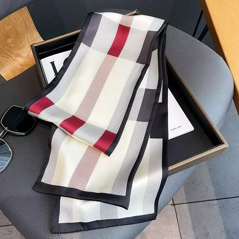 H086英伦格子真丝桑蚕丝飘带细窄长条丝巾桑蚕丝丝巾围巾女双层