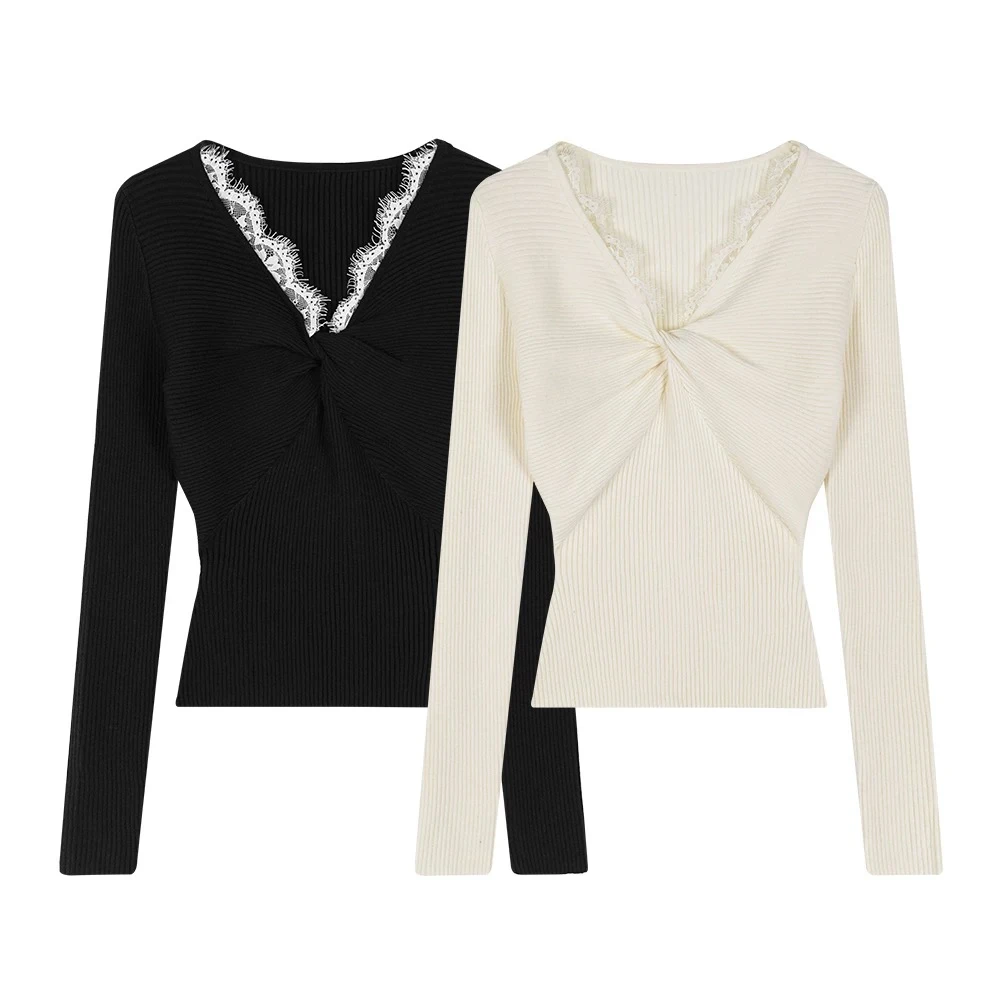 法式蕾丝边V领针织衫女秋冬修身内搭打底衫气质扭结上衣