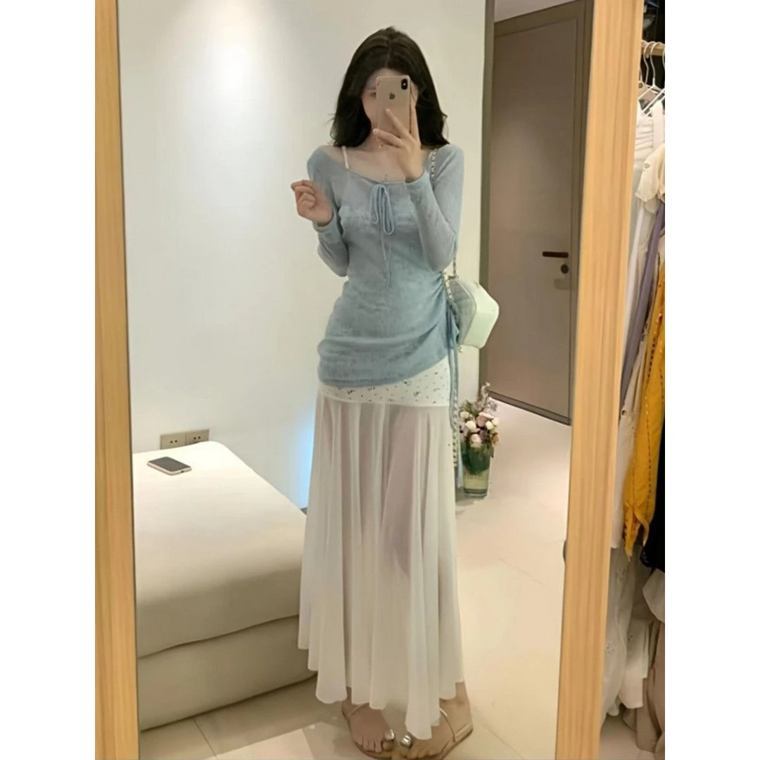 韩系超绝碎花吊带连衣裙女夏季2025新款收腰显瘦长裙防晒罩衫套装