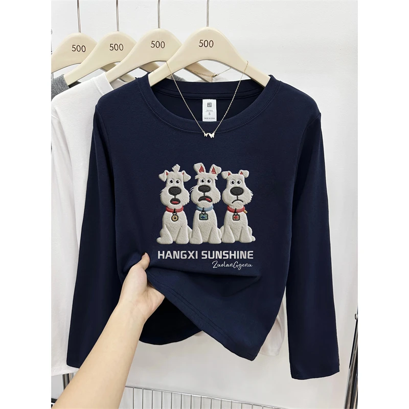 大码胖mm正肩长袖T恤女2025秋季新款韩版洋气小狗印花圆领上衣服