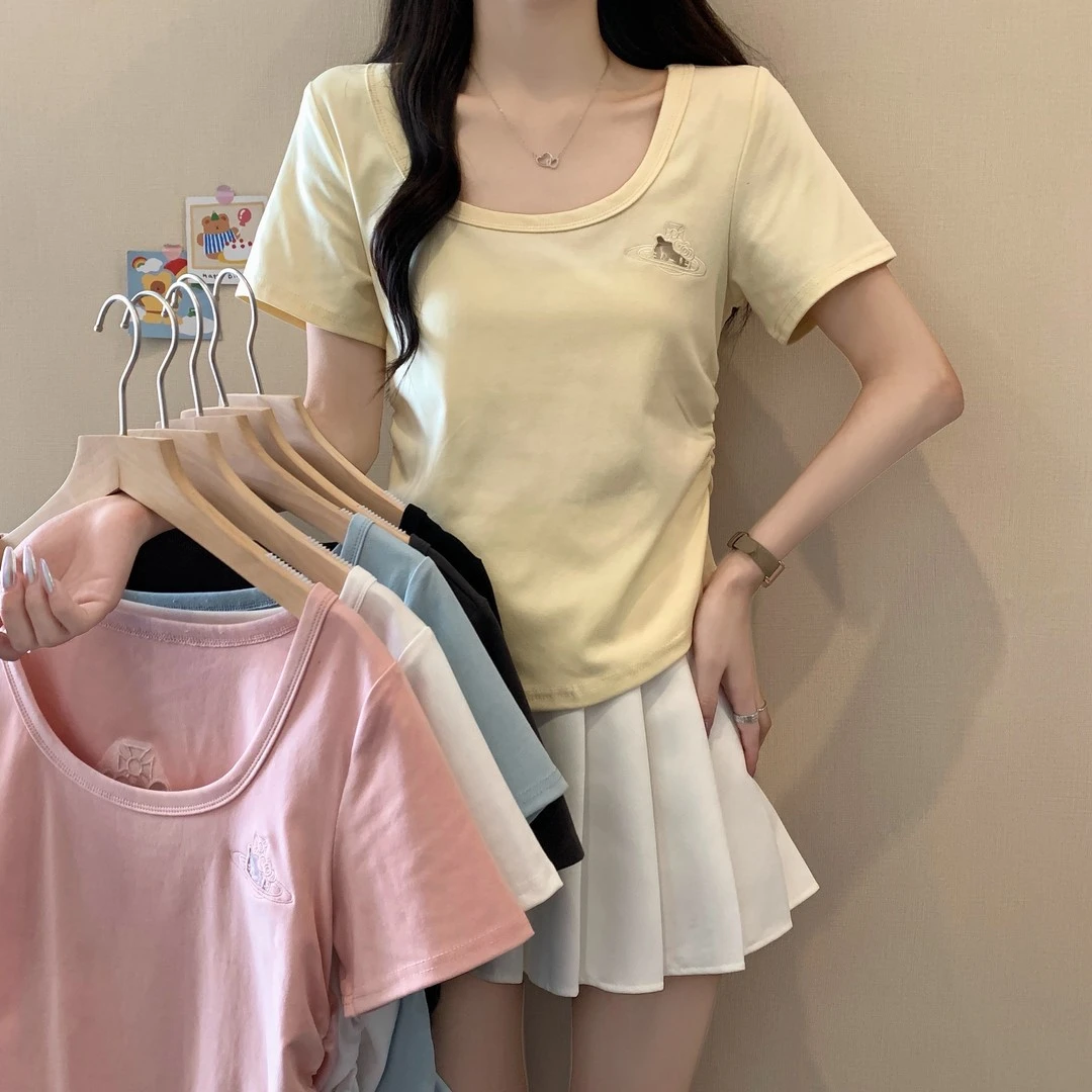 2025年春夏新款设计感拼接透气显瘦刺绣纯色短袖大码T恤上衣