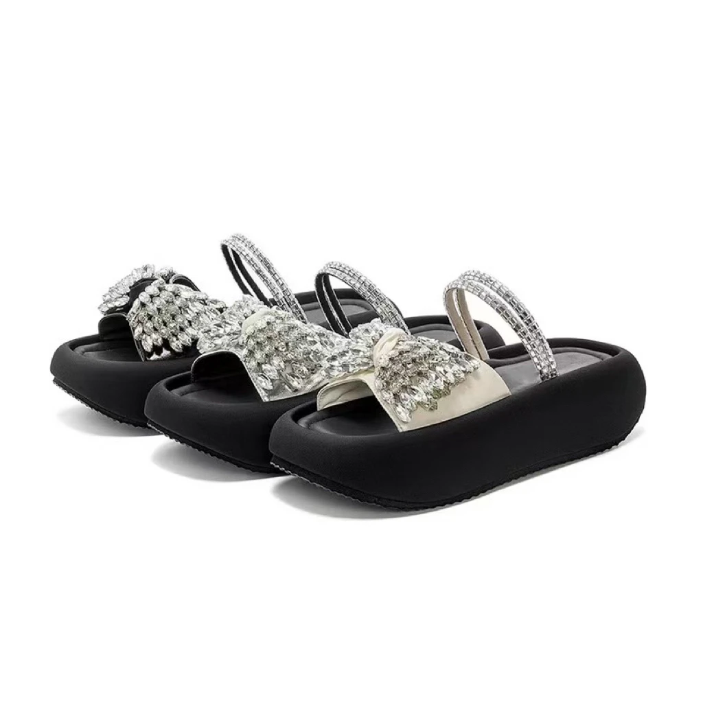 透气仙女风一字拖鞋女2025夏季新款松糕底增高水钻休闲凉鞋