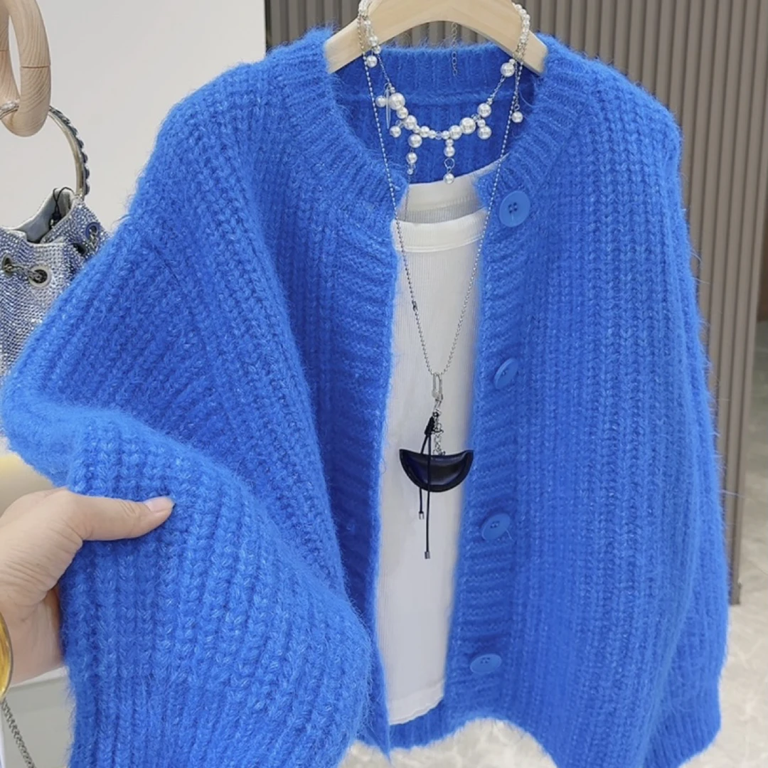 加厚糖果色小香风圆领秋冬开衫款宽松毛针织衫加厚短款外套