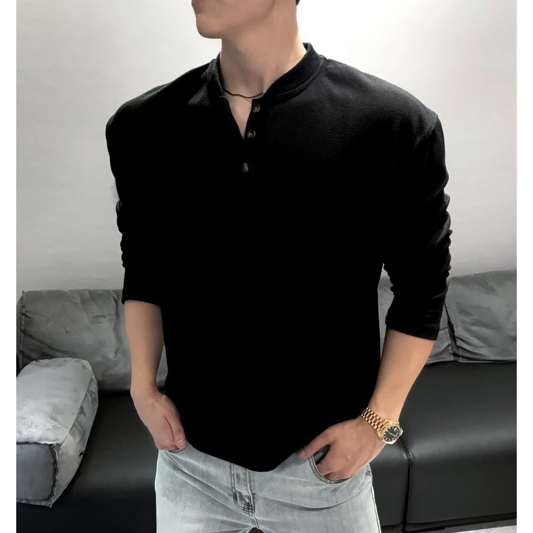 【西博】美式硬汉正肩亨利领长袖钻石纹华夫格百搭纯色长修身亨利领