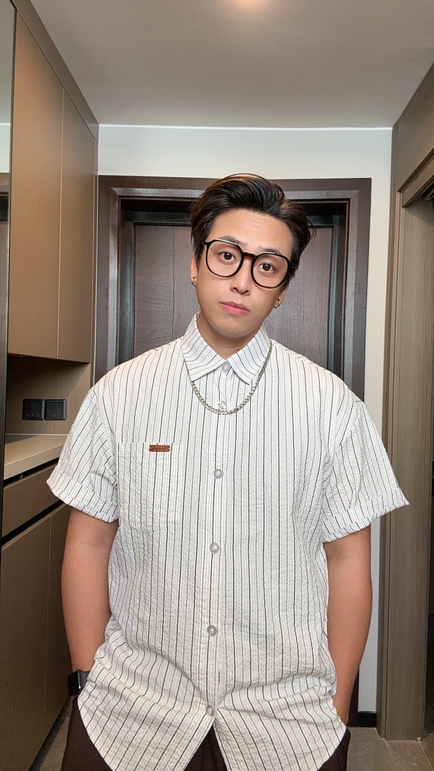 FJ夏季新款日系肌理感微皱撞色短袖衬衫男宽松休闲条纹翻领衬衣