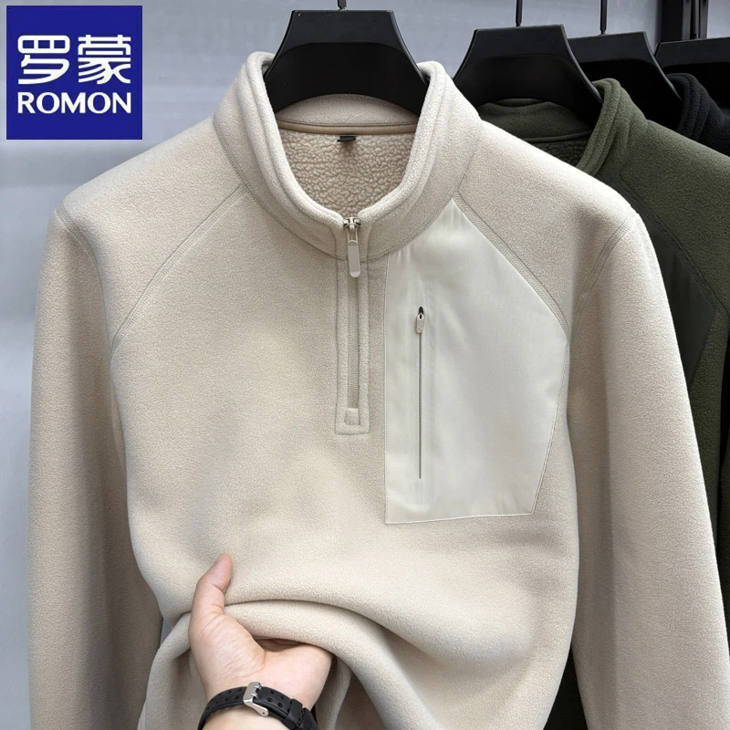 罗蒙休闲拼接奥粒绒拉链立领卫衣秋冬季时尚中青年男士加厚卫衣男