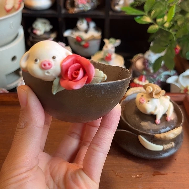 千玺造物手作小猪玫瑰花茶杯