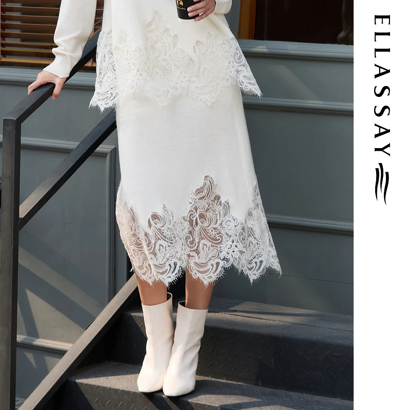 ELLASSAY歌力思2025秋季新款简约蕾丝刺绣半身裙女EWE3603200