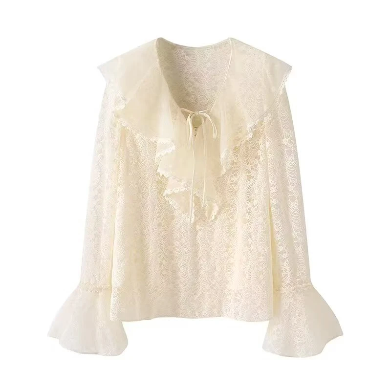（现货）卓春新款荷叶边法式长袖衬衫甜美蕾丝上衣喇叭袖设计感女装