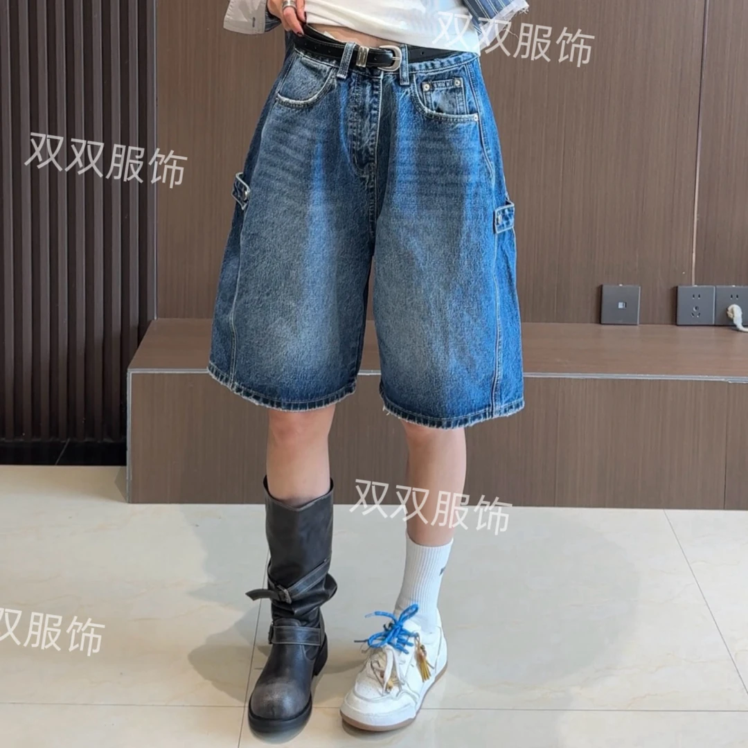 【SSOUHAN】纽扣腰带欧货牛仔五分裤休闲宽松