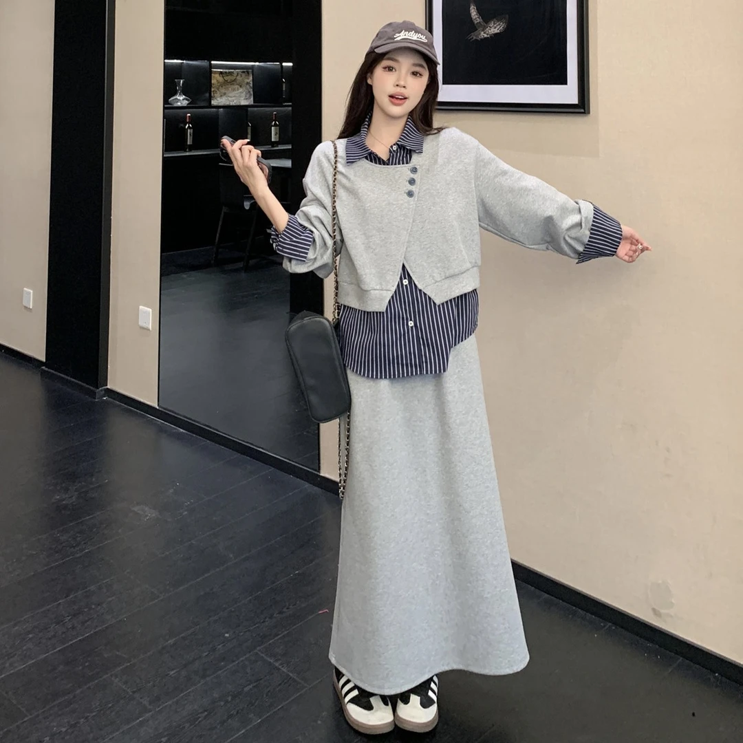 MO88ZSPF2025早秋独特超好看假两件运动休闲卫衣胖MM套装