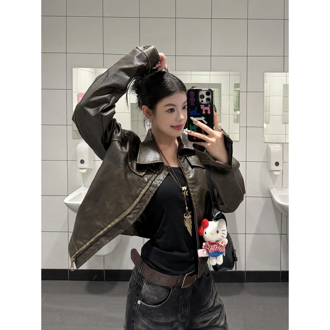 KOIISLE 美式复古正肩皮衣夹克外套女休闲高街cleanfit小众上衣潮