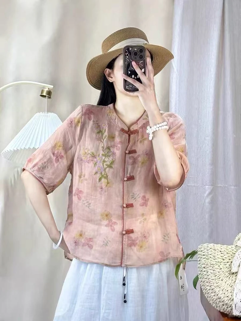 念清推荐6080夏季新中式苎麻盘扣刺绣宽松显瘦减龄女士上衣