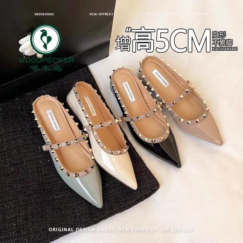 啄木鸟尖头内增高5CM铆钉包头拖女小个子新款一字扣带外穿女拖鞋