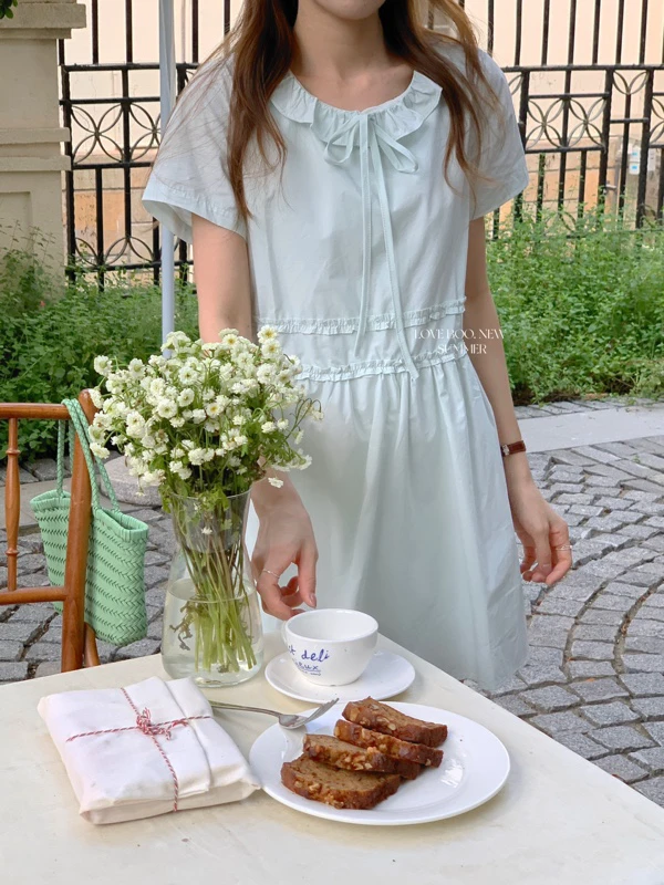日系甜美薄荷绿短袖连衣裙女夏日绝美漂亮法式温柔风