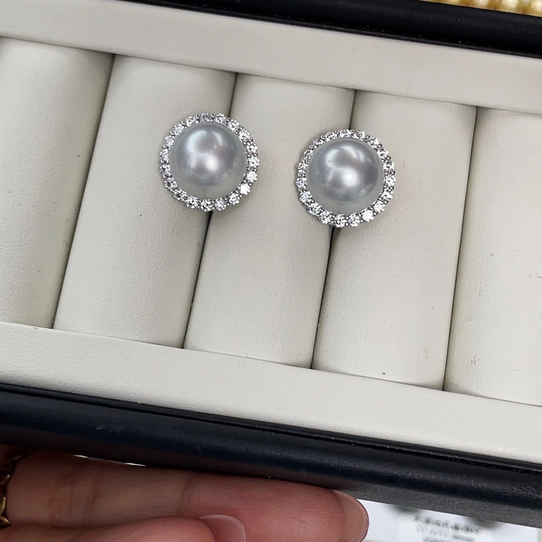 海水珍珠银S925镶嵌耳饰12.4mm澳白耳钉