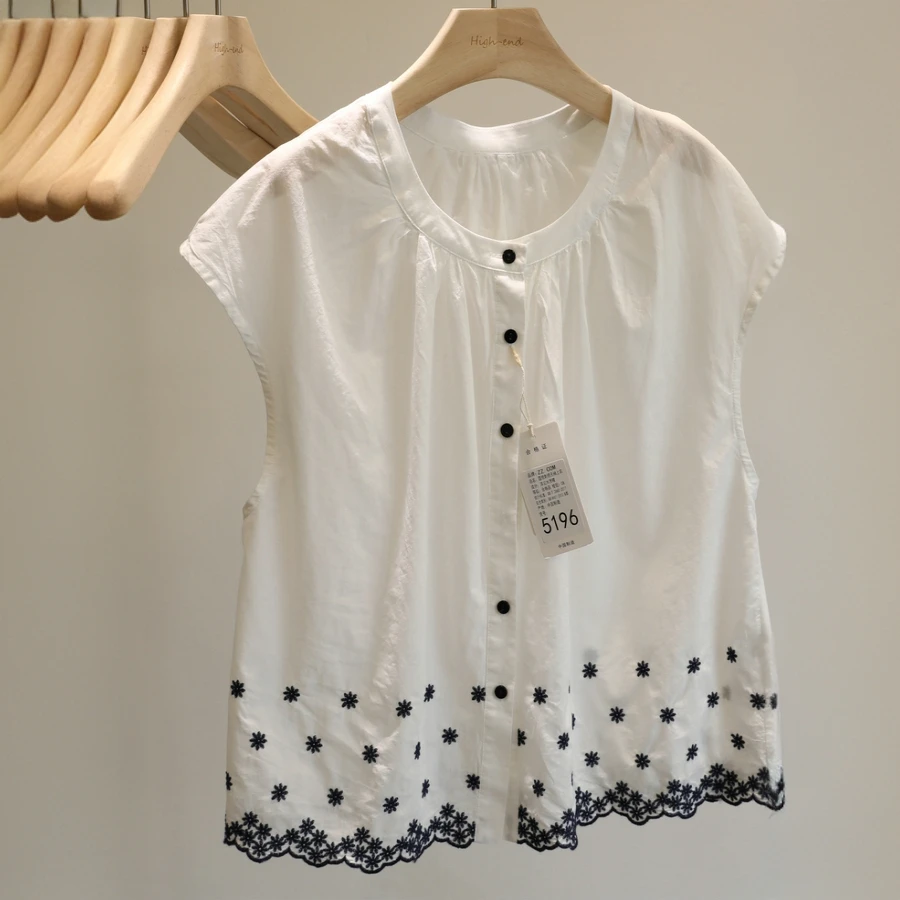 1270高级感设计感刺绣小飞袖衬衫女夏季甜美上衣文艺复古宽松小衫