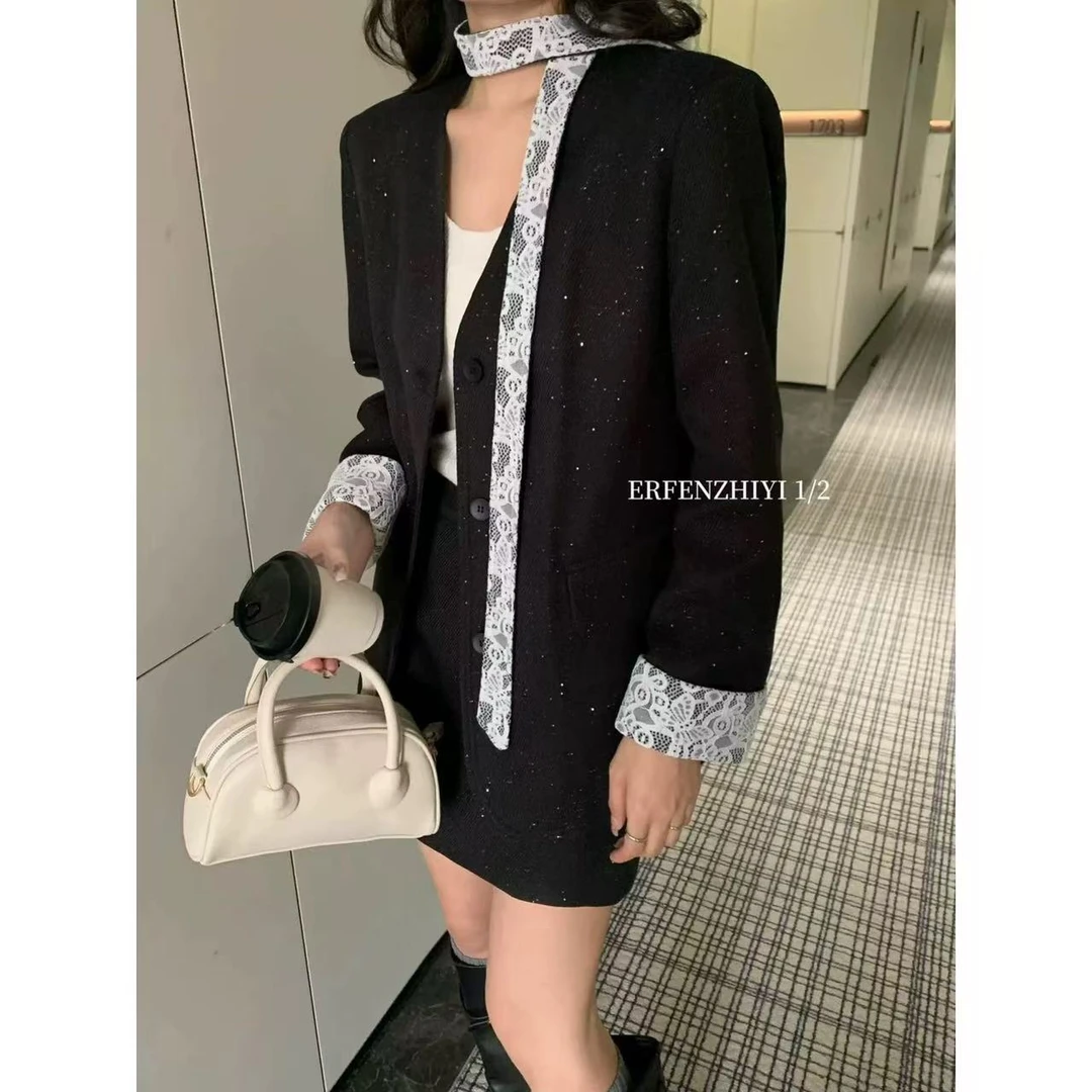 905韩版宽松休闲V领飘带西装外套