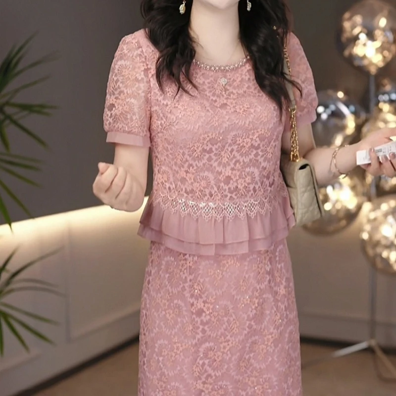 2025夏季新款时尚优雅蕾丝重工钉珠设计高端轻奢修身假两件连衣裙
