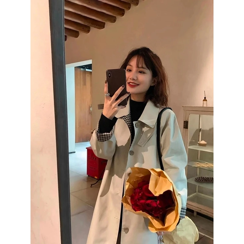 “落叶英伦”高级感韩系格纹爆款chic早春风衣~挺阔有型！XQ