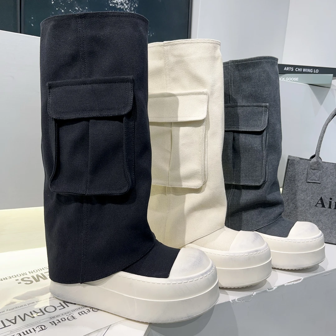 【小涵家】春秋新款欧版牛仔时尚百搭厚底【7cm】口袋款长短烟管靴ins