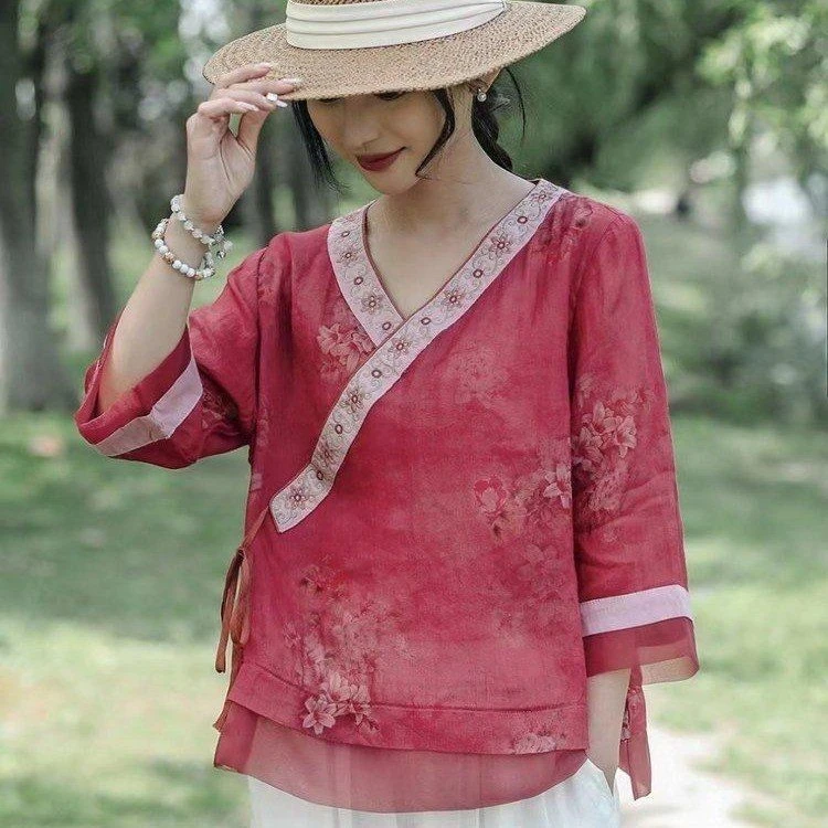 新款文艺风新中式复古国风苎麻撞色斜襟衬衣轻薄刺绣衬衫小衫上衣