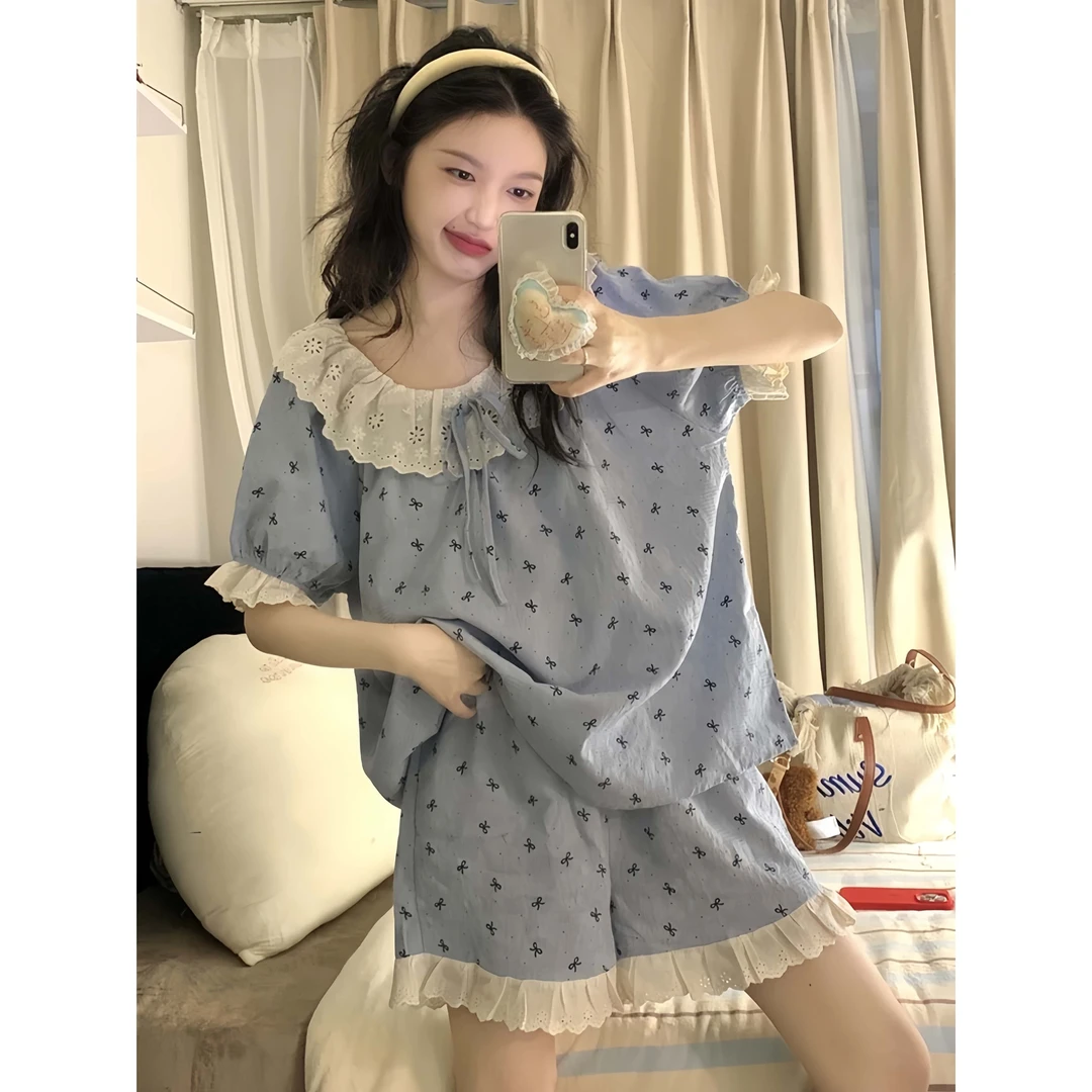 韩版甜美花边蝴蝶结睡衣女款夏季短袖可外穿学生夏天家居服套装