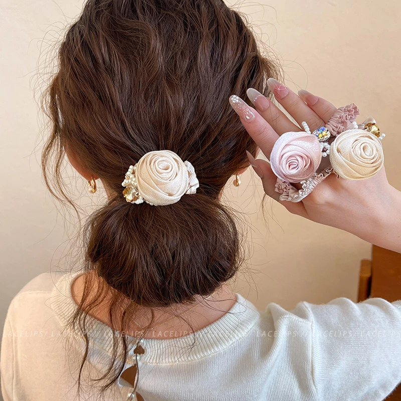 法式山茶花珍珠发圈女巨好看扎头发绳丸子头高级感头绳头花发饰春商品图