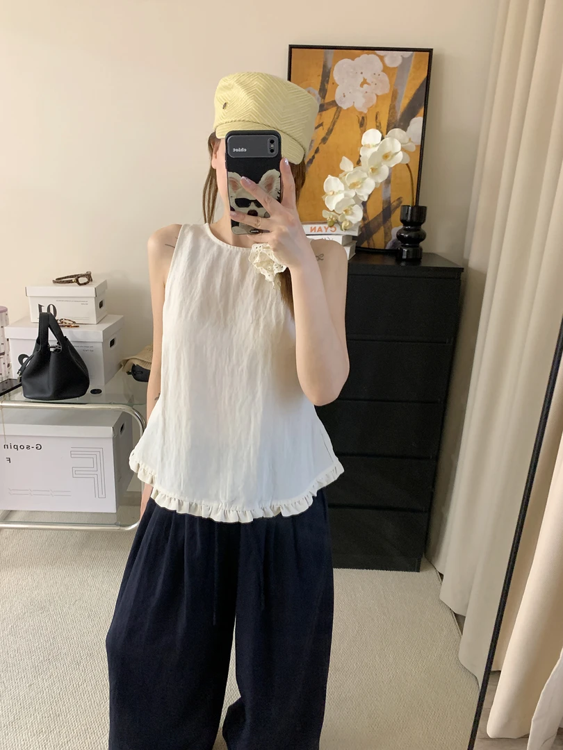 2025夏季新款木耳边下摆娃娃衫上衣衬衫