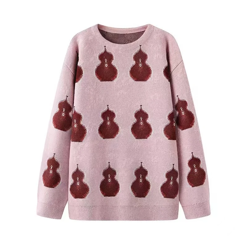 2025春季新品福禄老花提花宽松慵懒风杏花粉套头圆领毛衣针织衫女