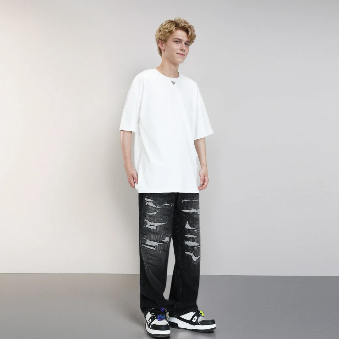 Y叔S123 美式潮流立体三角标宽松休闲时尚纯色短袖T桖1011