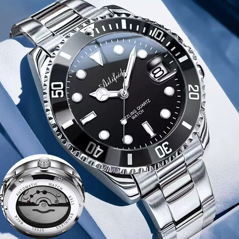 经典黑水鬼手表男士大背透夜显防水日历潮流时尚腕表-H