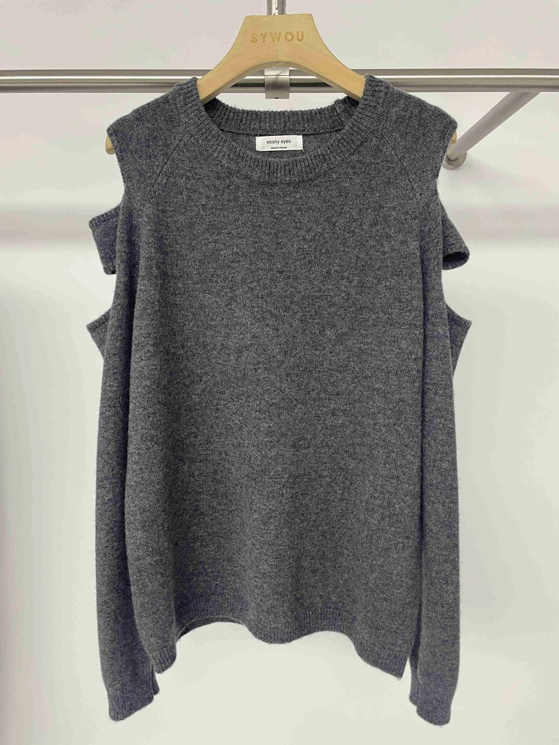 百分百灰色羊毛宽松女上衣灰色露肩时尚圆领毛衫【Z54F025】