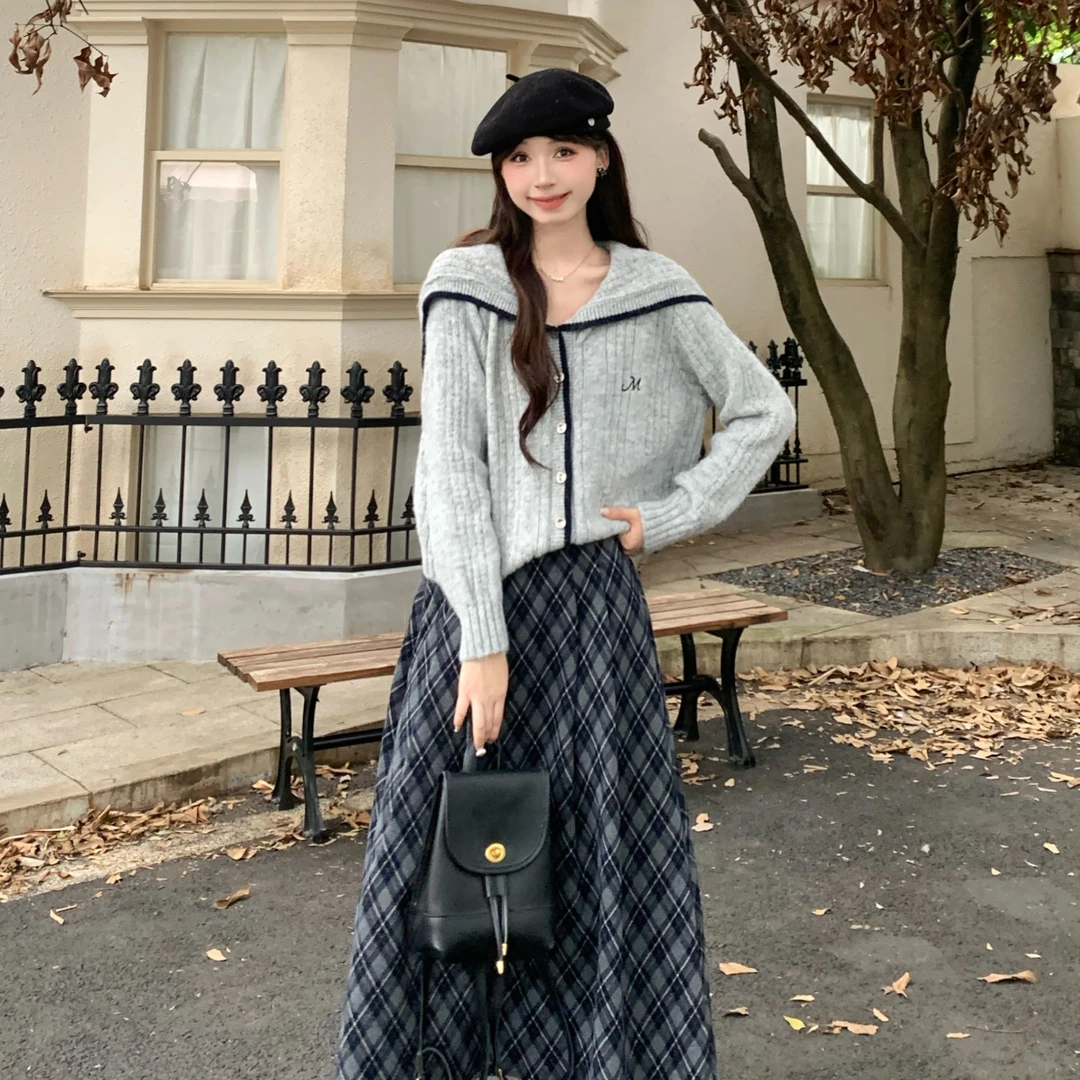 慕兔法式宽松休闲海军领长袖针织开衫女2025秋季新款时尚百搭上衣