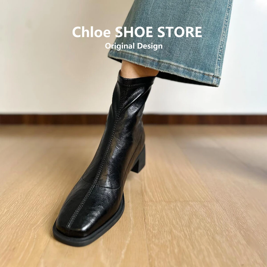 牛皮版~静音软底弹力瘦瘦靴女粗跟高跟短靴通勤秋冬复古黑色靴子