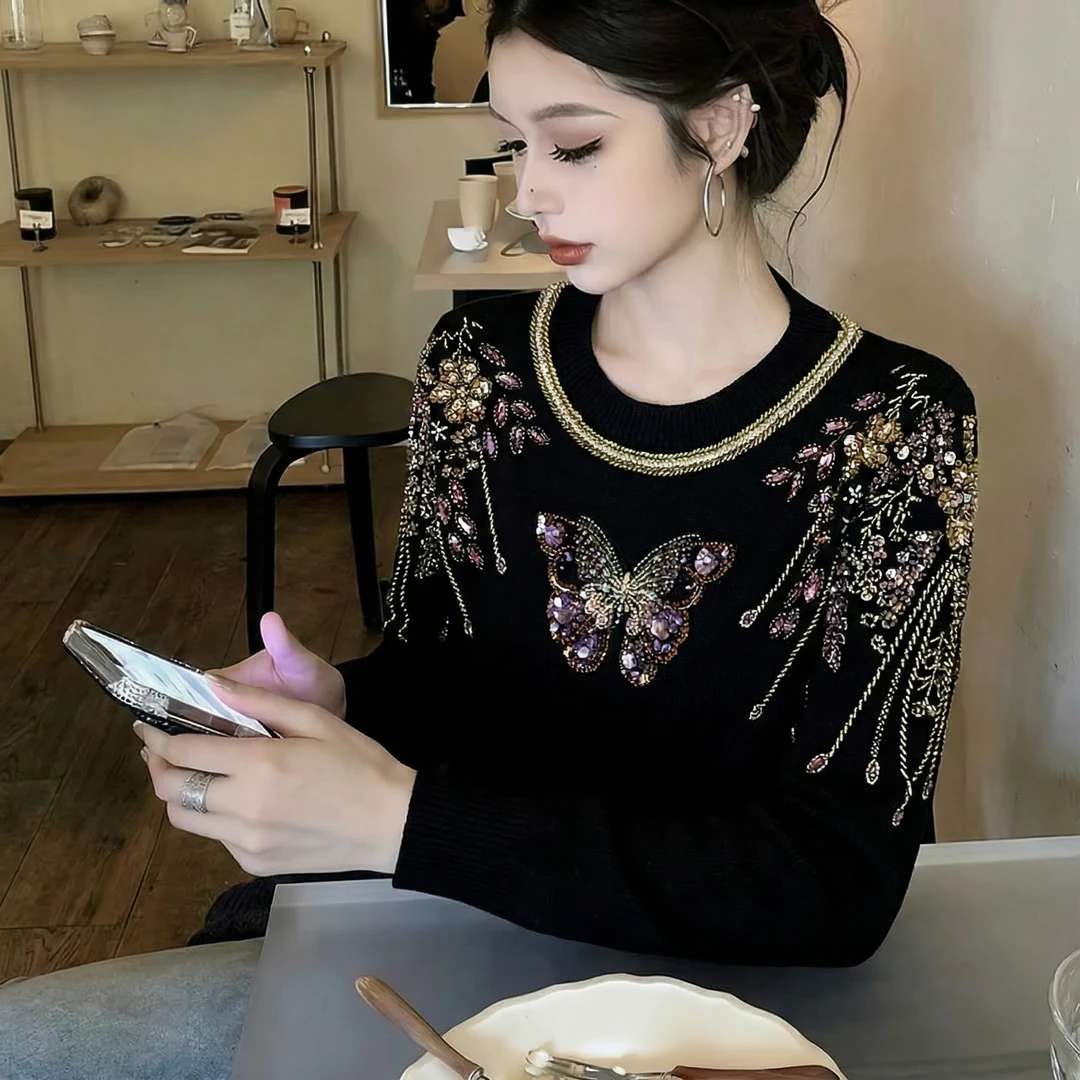 【芙娜妮】秋冬针织衫毛衣女装圆领套头2025洋气刺绣上衣F2531090A