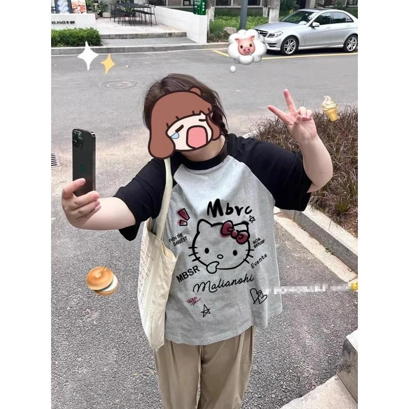 日系潮牌kitty猫复古大码纯棉T恤甜酷风短袖可爱宽松遮肉拼接上衣