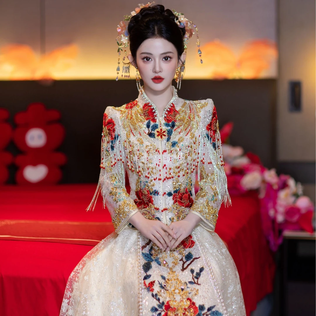 【租赁秀禾服出租】香槟色绣花收腰秀禾服2025年新款中式嫁衣敬酒服